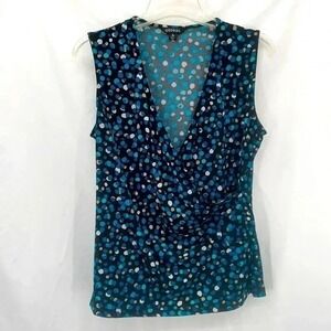 George Surplice Top Women Size M 8-10 Blue Polka Dot Faux Wrap Sleeveless V-Neck